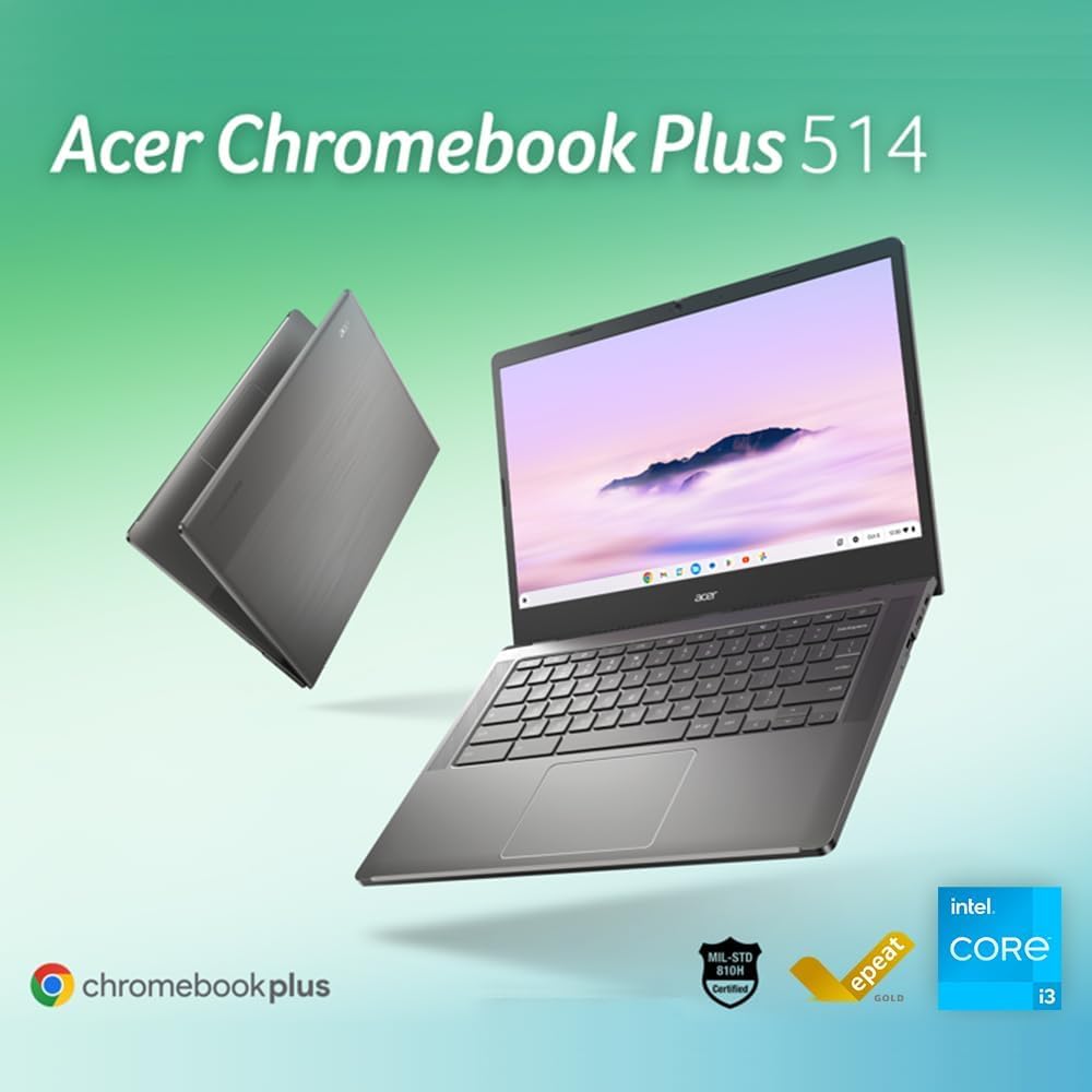 Chromebook Plus 514 Laptop with Google AI, Intel 8-Core i3-N305, 8 GB LPDDR5, 512 GB SSD, 14" FHD IPS Touch Screen, Wi-Fi 6E, Chrome OS N553922