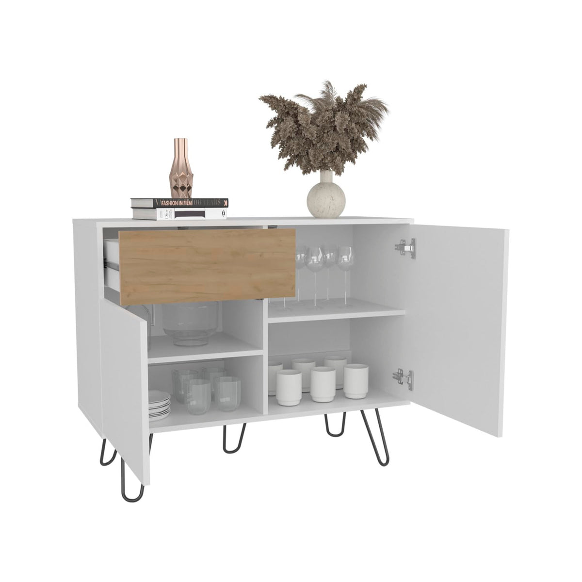 White Console Table with Two Cabinets, One Drawer and Four Shelves H16078
