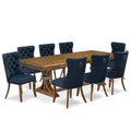 9-Piece Acacia Wood Dining Set with Navy Blue Faux Leather Chairs S86027