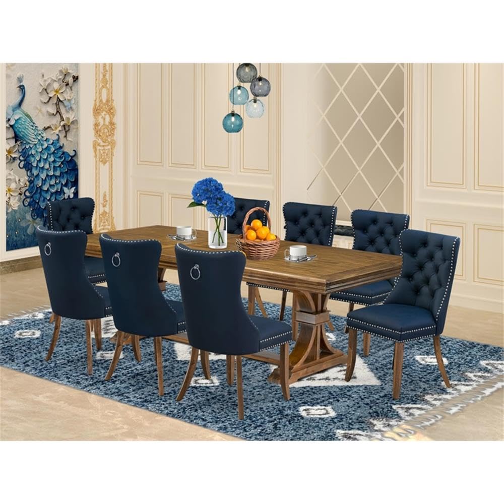 9-Piece Acacia Wood Dining Set with Navy Blue Faux Leather Chairs S86027