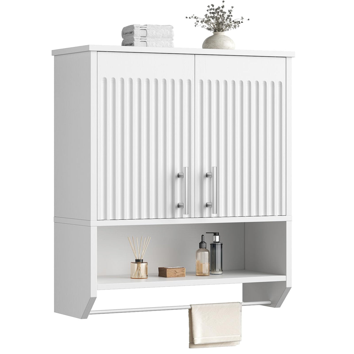 White Fluted Bathroom Wall Cabinet with Towel Rack M8240