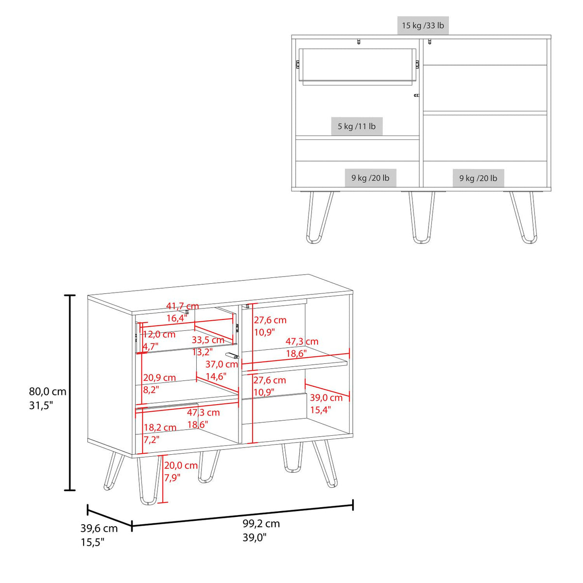 White Console Table with Two Cabinets, One Drawer and Four Shelves H16078