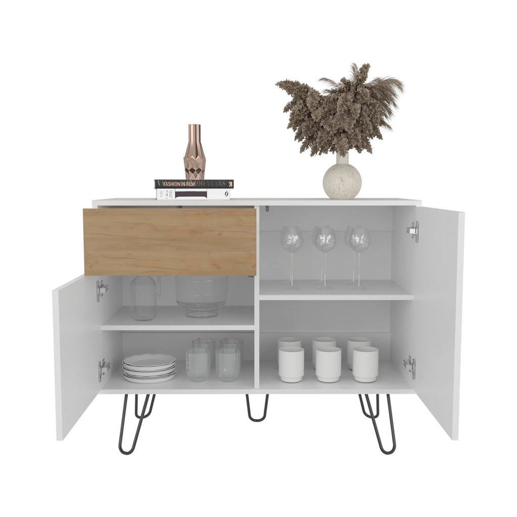 White Console Table with Two Cabinets, One Drawer and Four Shelves H16078