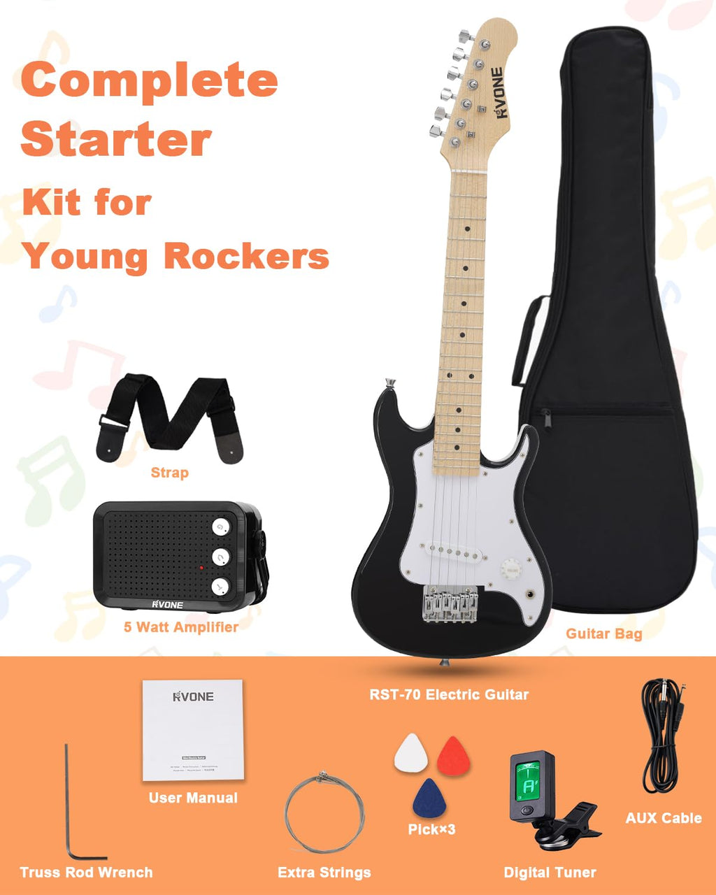 30 Inch Kids Electric Guitar Kit with 5W Amp Black C5660