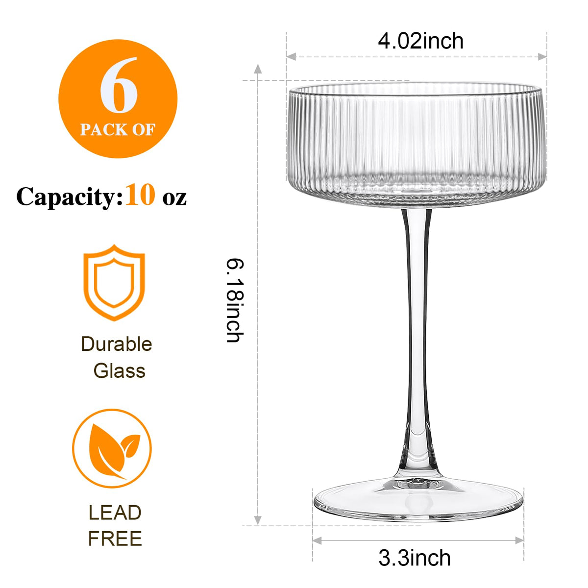 10 oz Ribbed Coupe Glasses Set of 6 X94582