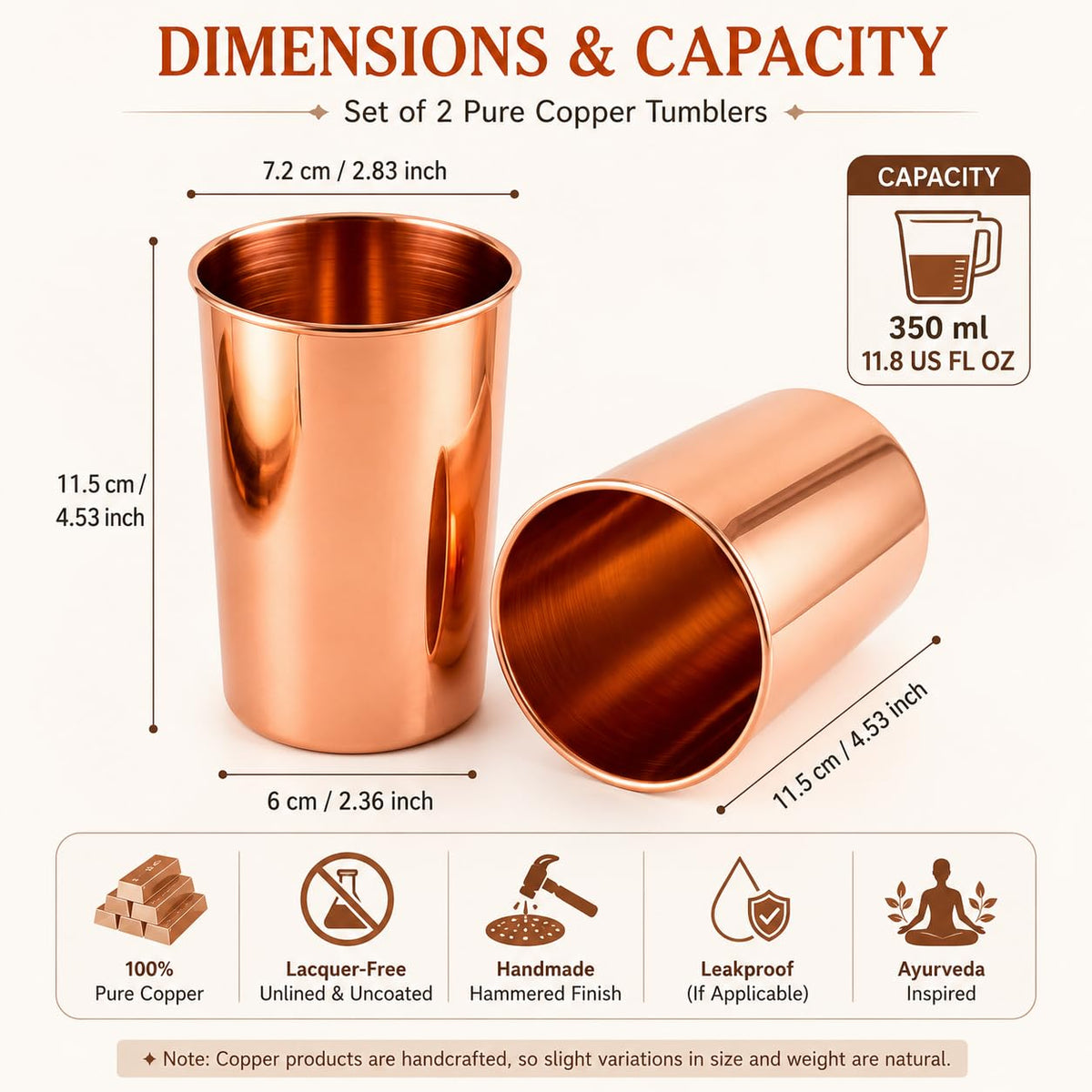 Copper Drinking Cups Set of 2, 350ml Unlined Uncoated A8279