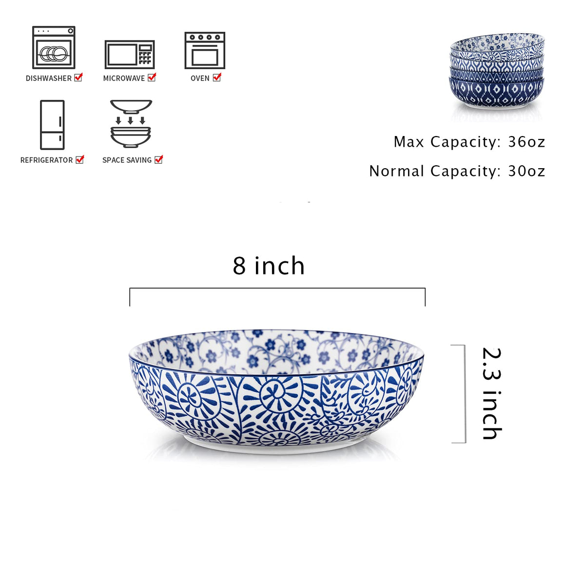 Ceramic Pasta Bowls Set of 4, 30 OZ Vintage Blue F85444