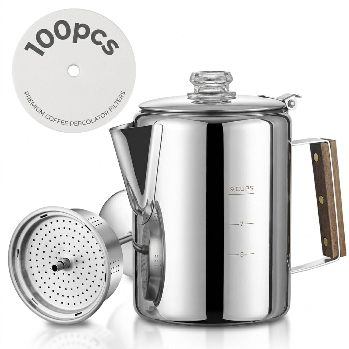 9 Cups Stainless Steel Coffee Percolator with 100pcs Coffee Filters U52988