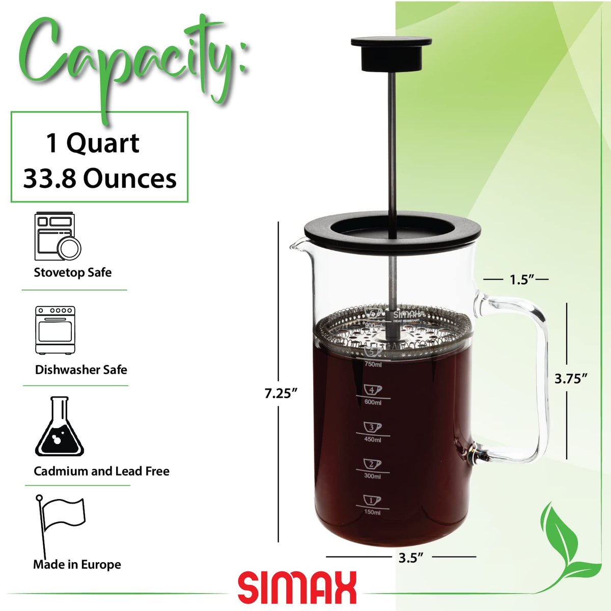 1 Liter Dishwasher Safe Borosilicate Glass French Press A904072
