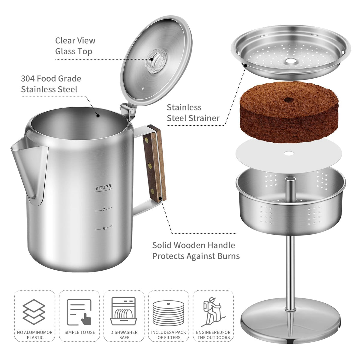 9 Cups Stainless Steel Coffee Percolator with 100pcs Coffee Filters U52988