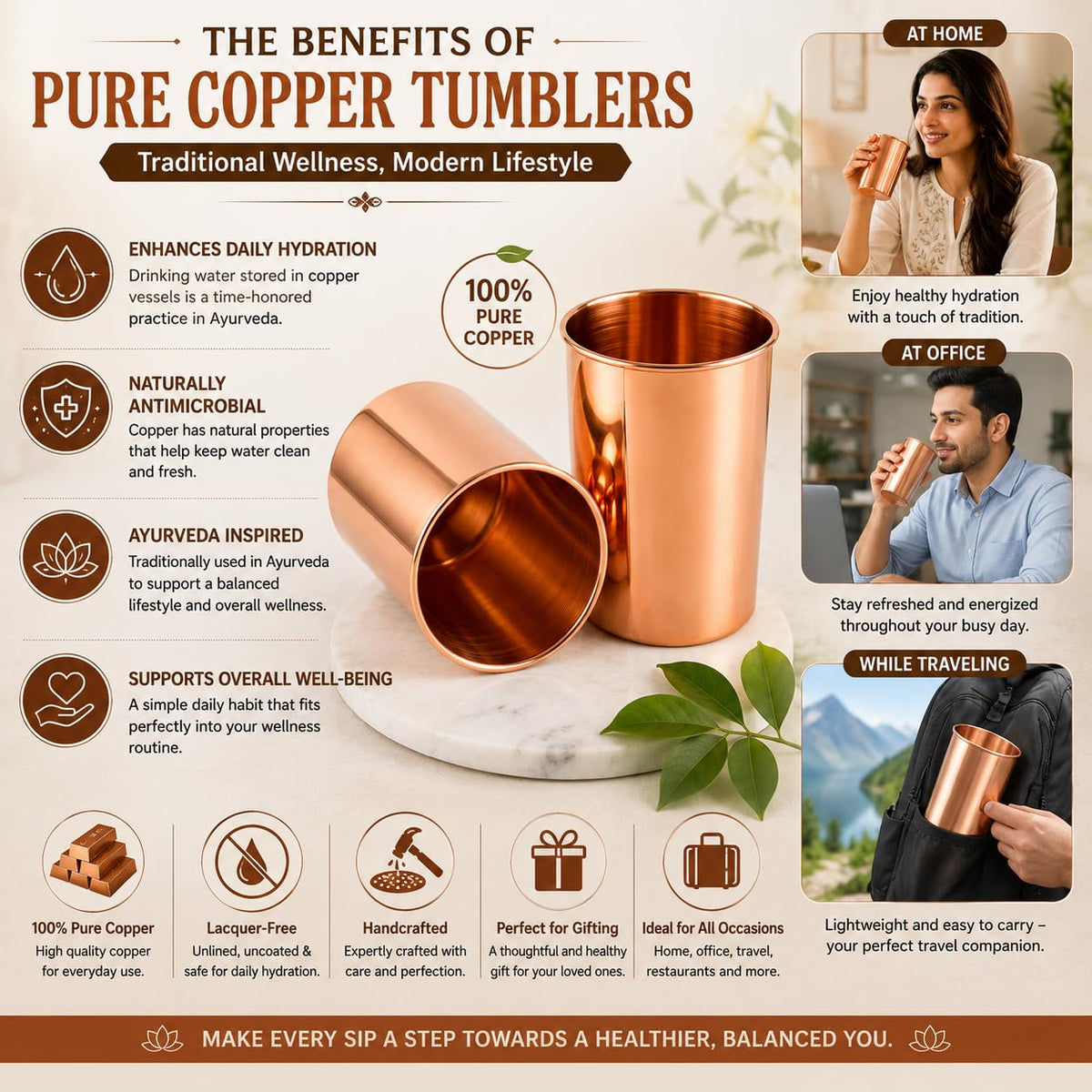 Copper Drinking Cups Set of 2, 350ml Unlined Uncoated A8279