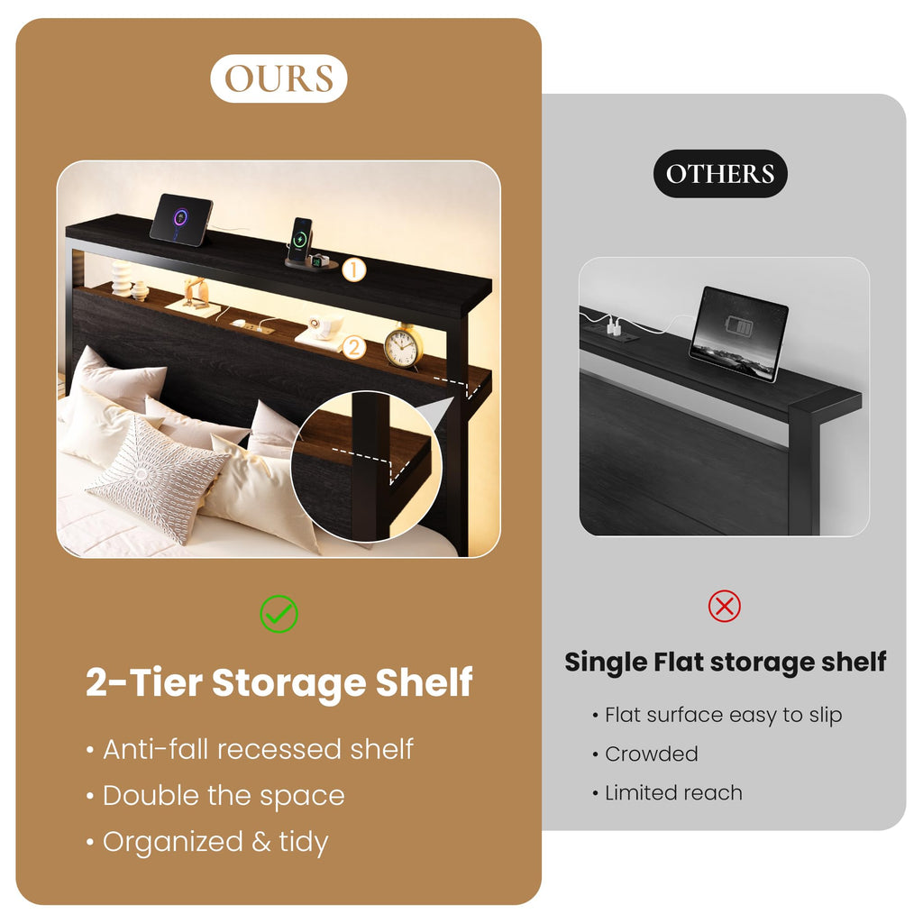 Full Bed Frame with 2-Tier Storage Headboard F570319