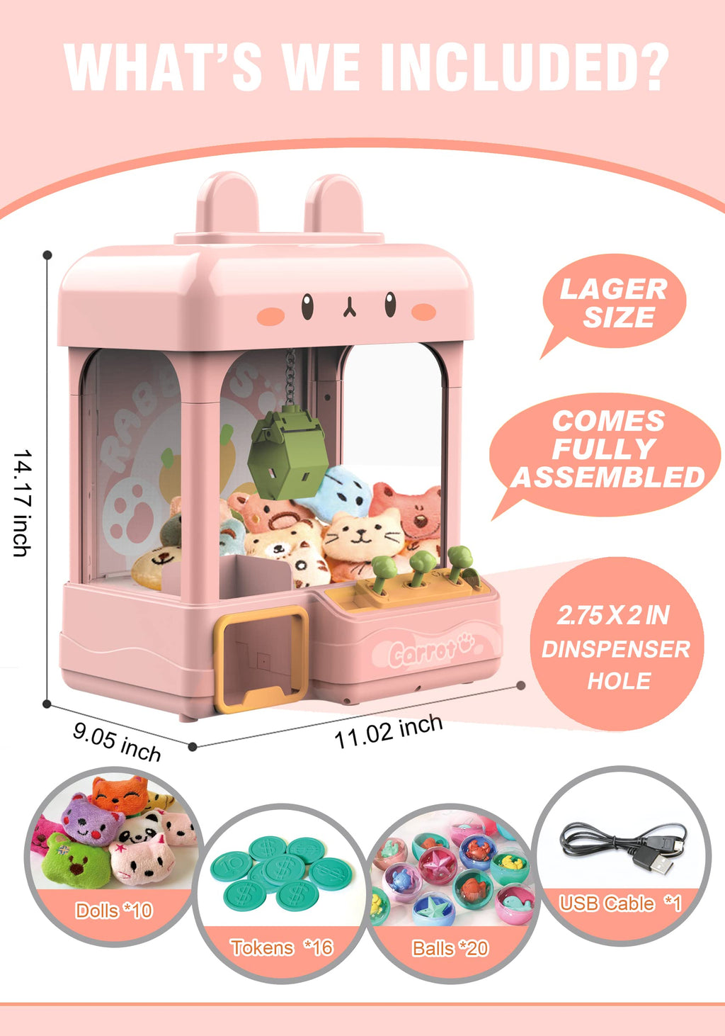 Large Claw Machine with Prizes, Adjustable Sound & Light, Mini Vending Machine, Electronic Arcade Crane Game, Candy Dispenser Toy T5475