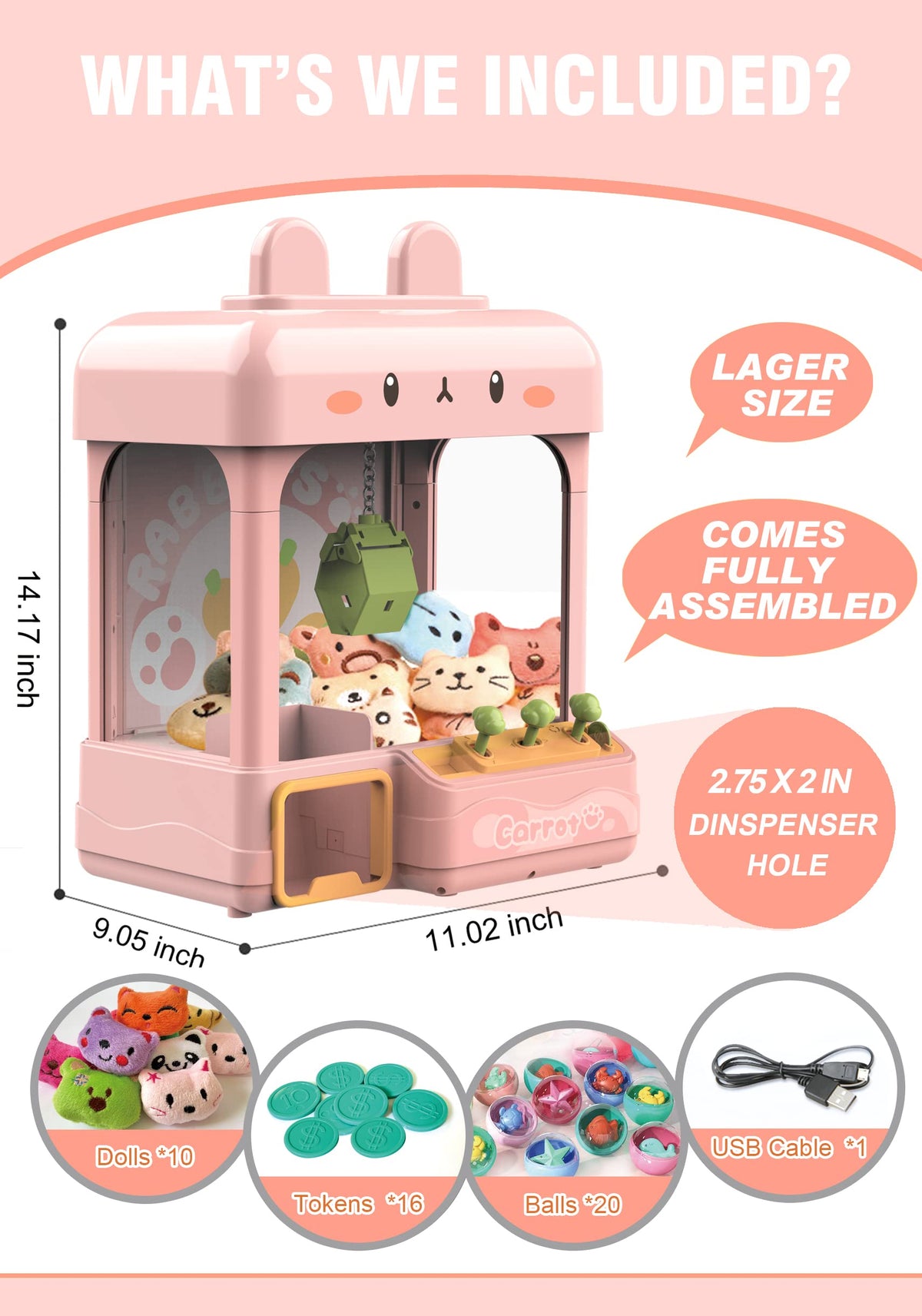Large Claw Machine with Prizes, Adjustable Sound & Light, Mini Vending Machine, Electronic Arcade Crane Game, Candy Dispenser Toy T5475