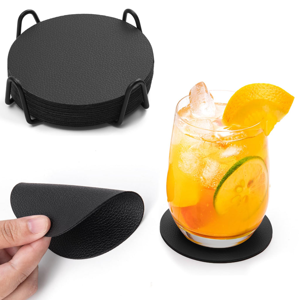 Faux Leather Drink Coasters with Holder, Set of 12 F85358