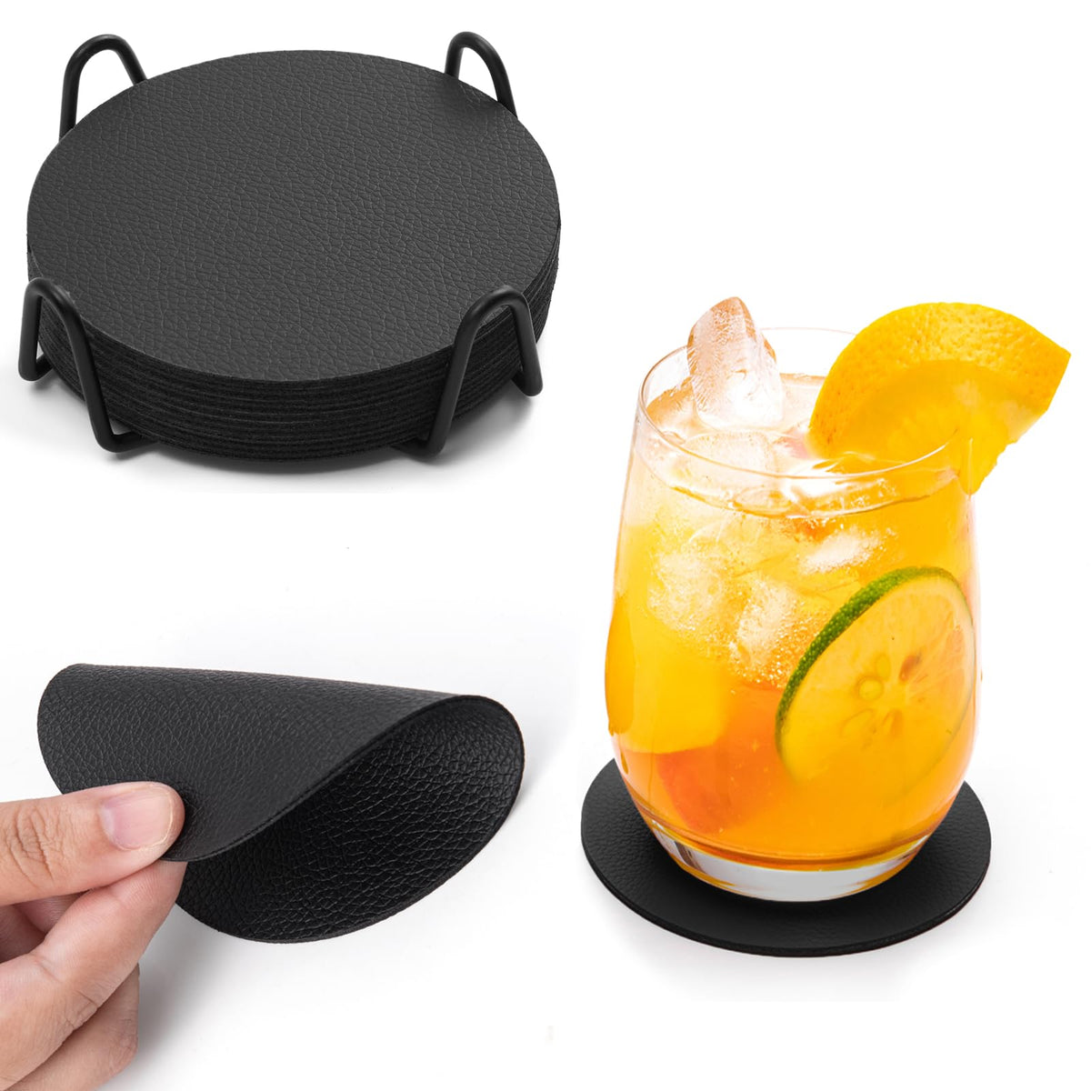 Faux Leather Drink Coasters with Holder, Set of 12 F85358
