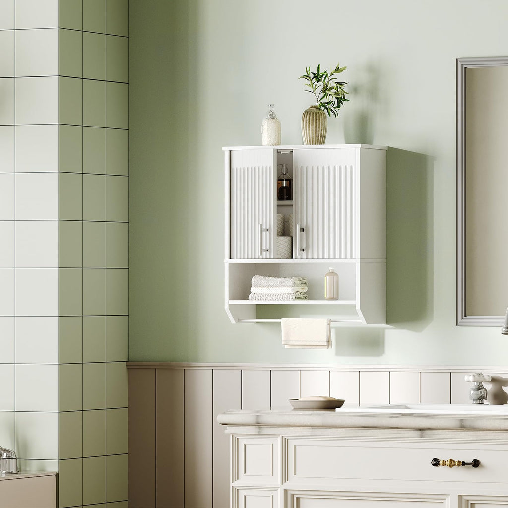 White Fluted Bathroom Wall Cabinet with Towel Rack M8240