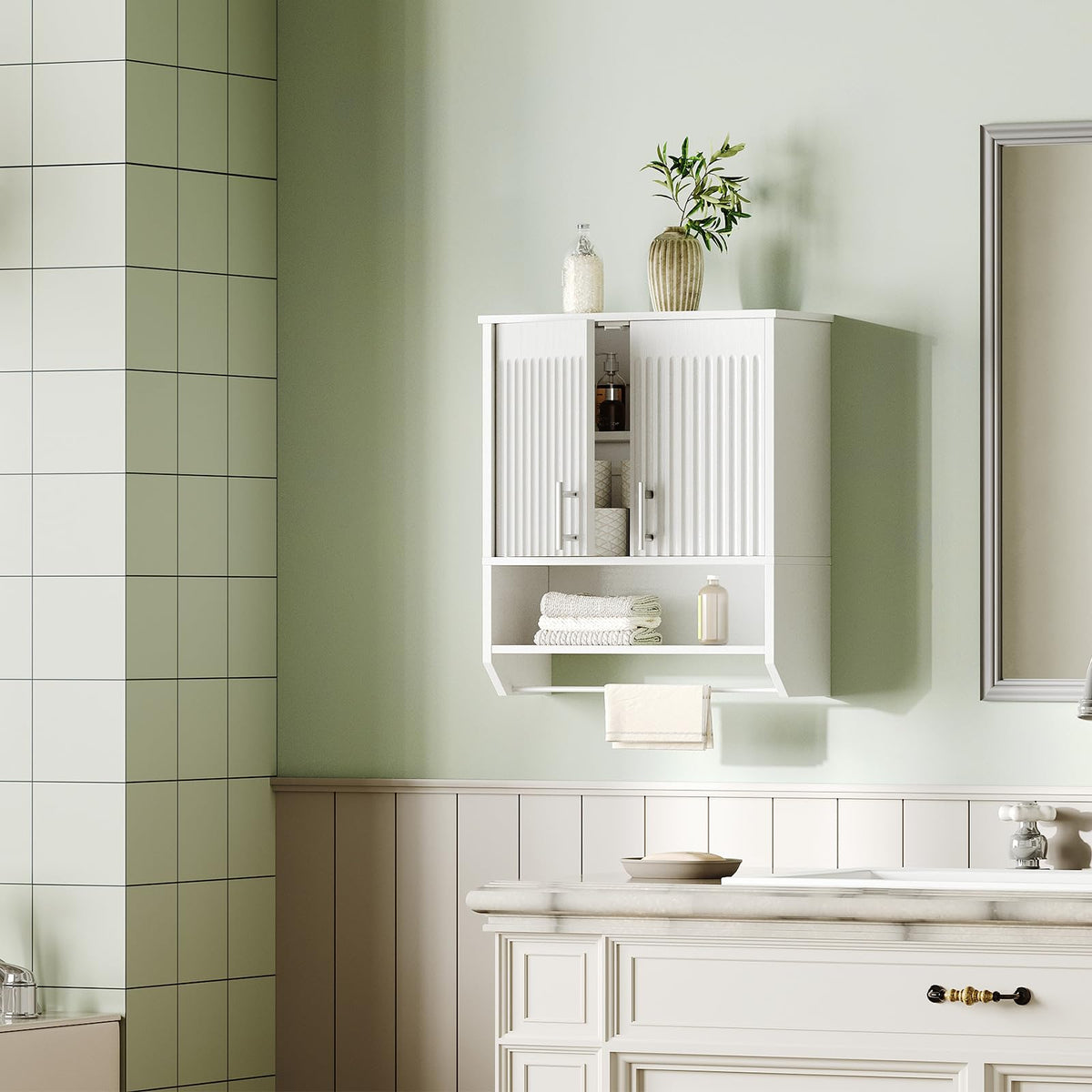 White Fluted Bathroom Wall Cabinet with Towel Rack M8240