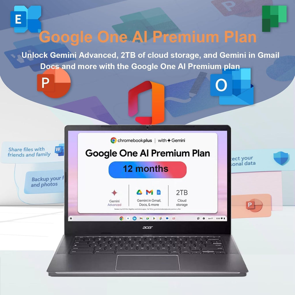 Chromebook Plus 514 Laptop with Google AI, Intel 8-Core i3-N305, 8 GB LPDDR5, 512 GB SSD, 14" FHD IPS Touch Screen, Wi-Fi 6E, Chrome OS N553922