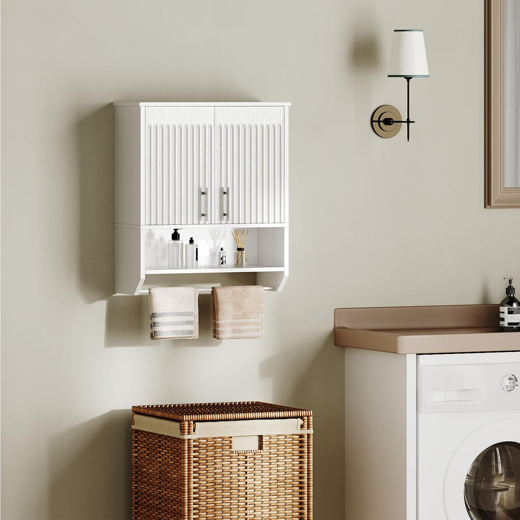 White Fluted Bathroom Wall Cabinet with Towel Rack M8240