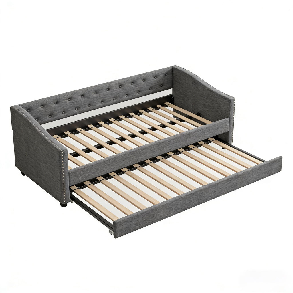 Twin Size Upholstered Daybed Frame with Trundle, Dark Grey F41795