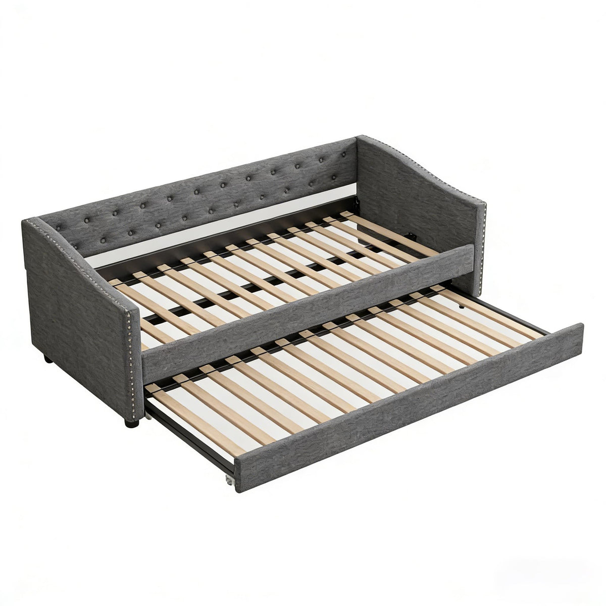 Twin Size Upholstered Daybed Frame with Trundle, Dark Grey F41795