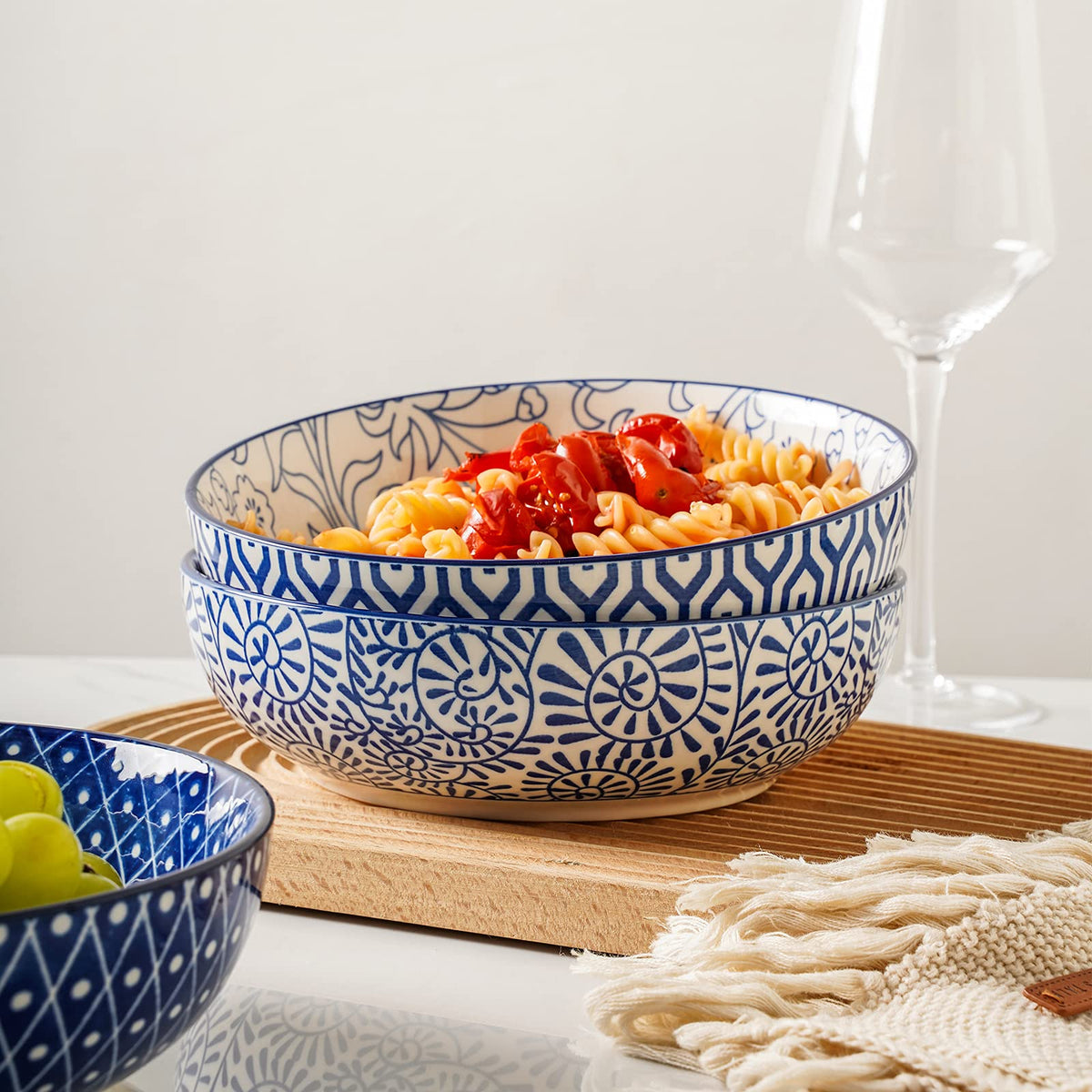 Ceramic Pasta Bowls Set of 4, 30 OZ Vintage Blue F85444