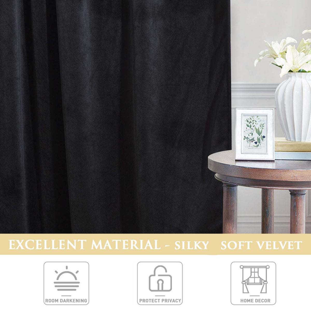 Black Velvet Blackout Curtains 2 Panels K8362