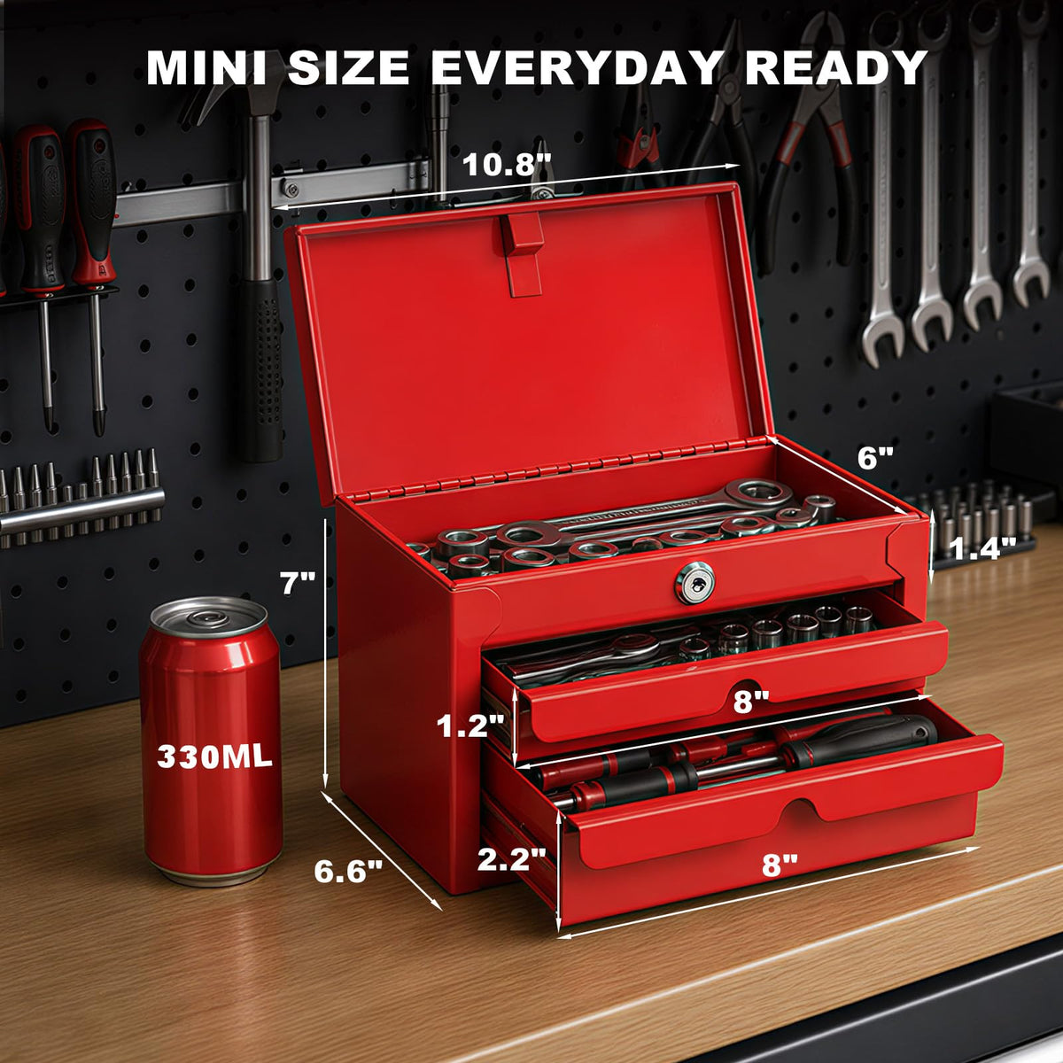 Mini Tool Box with Two Drawers and Lockable Top Storage, Red C4707