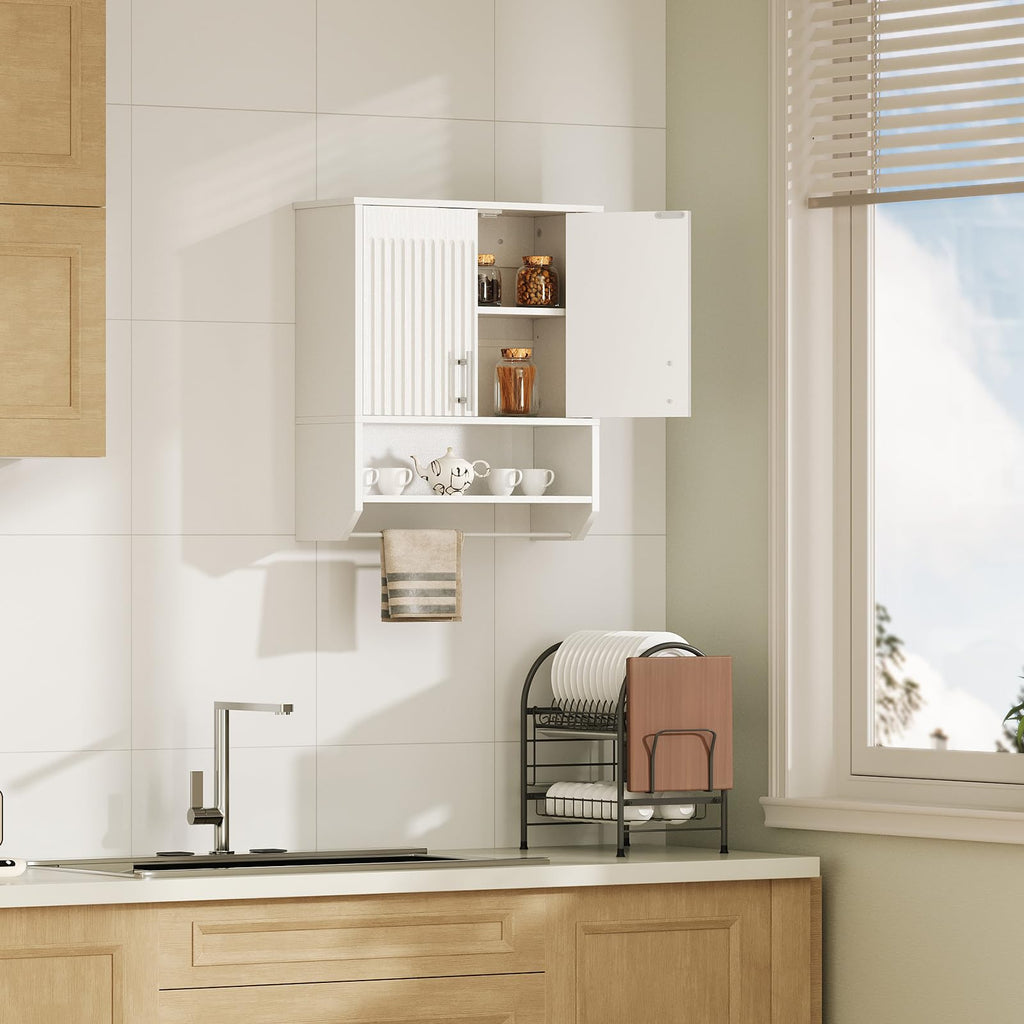 White Fluted Bathroom Wall Cabinet with Towel Rack M8240