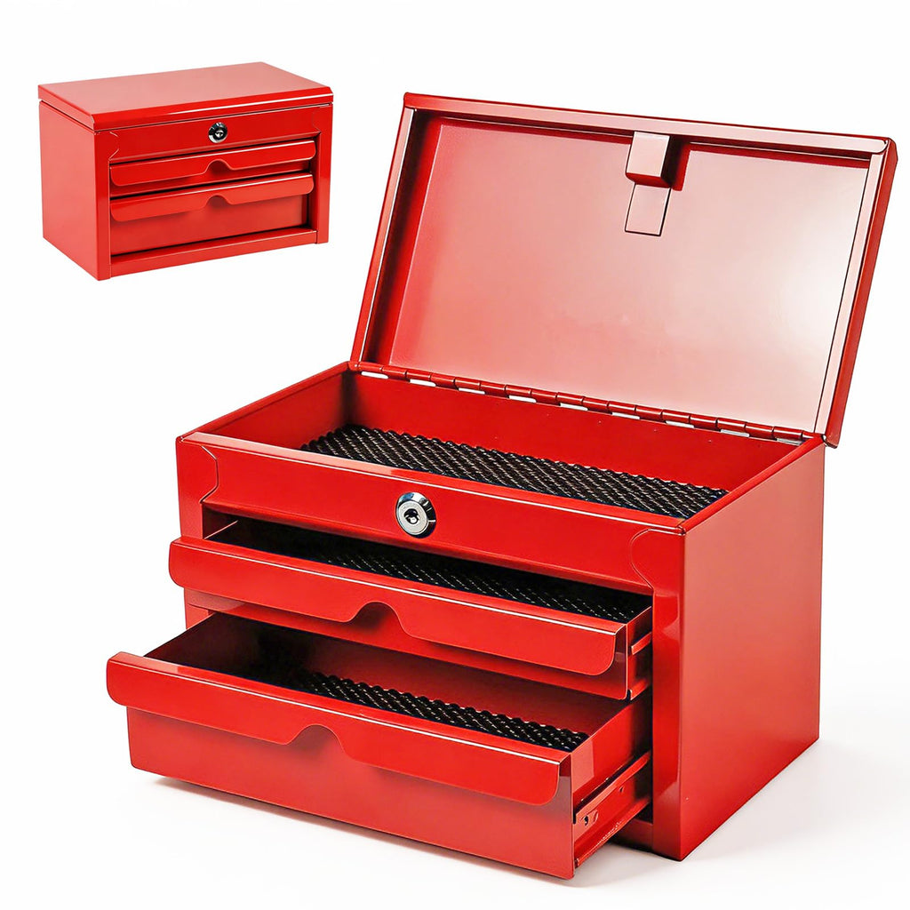 Mini Tool Box with Two Drawers and Lockable Top Storage, Red C4707