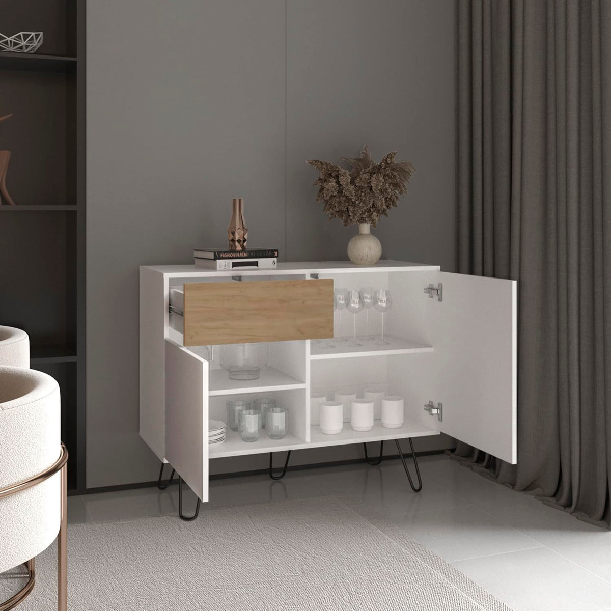 White Console Table with Two Cabinets, One Drawer and Four Shelves H16078