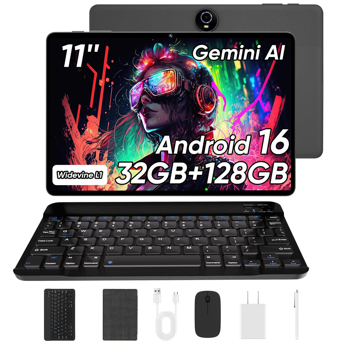 11 Inch Android 16 Tablet with Keyboard, 32GB RAM 128GB ROM, 8000mAh, Black A509593