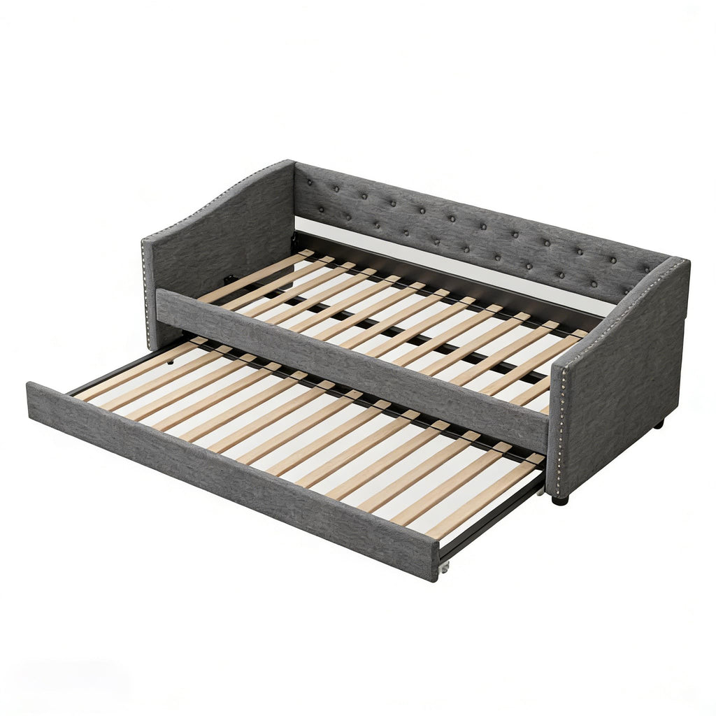 Twin Size Upholstered Daybed Frame with Trundle, Dark Grey F41795