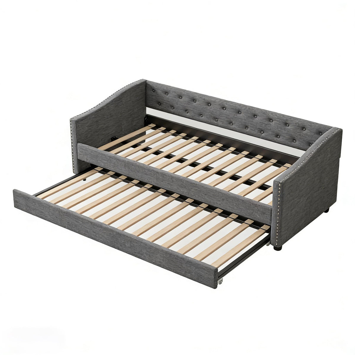 Twin Size Upholstered Daybed Frame with Trundle, Dark Grey F41795