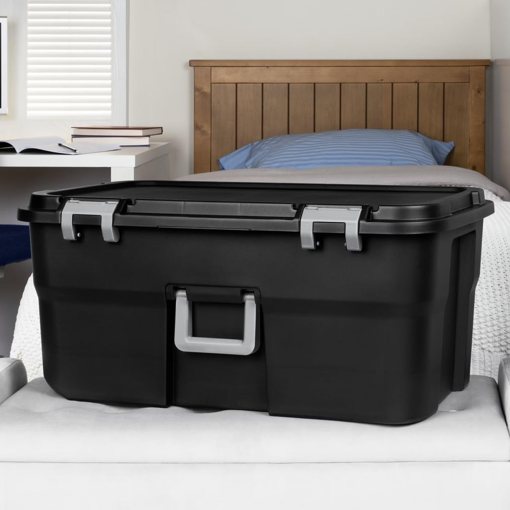 22 Gallon Black Wheeled Plastic Storage Trunk with Lids I894092