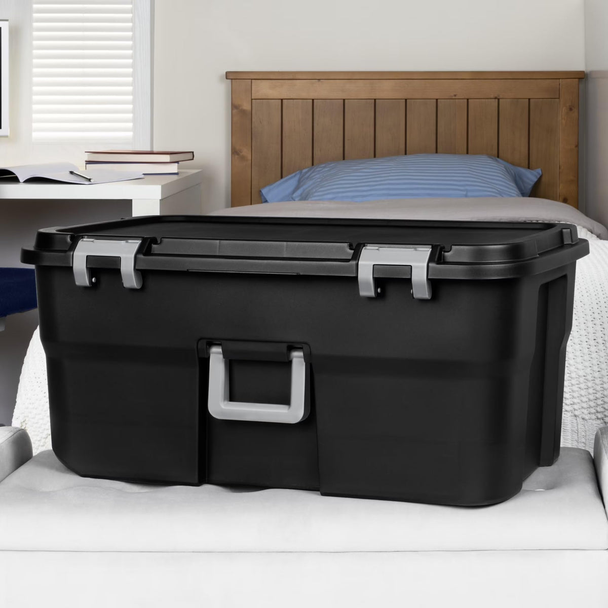 22 Gallon Black Wheeled Plastic Storage Trunk with Lids I894092