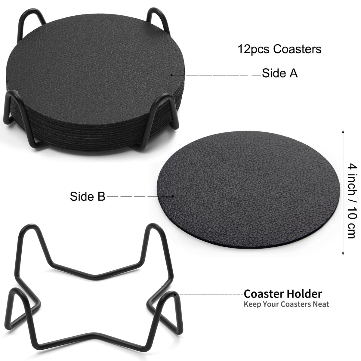 Faux Leather Drink Coasters with Holder, Set of 12 F85358