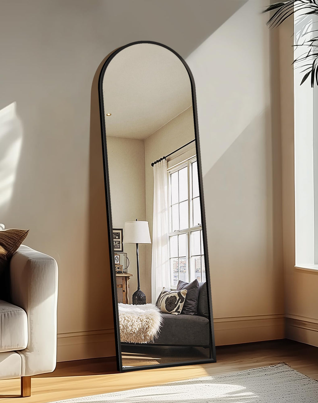 Arched Full Length Black Floor Mirror with Stand J944