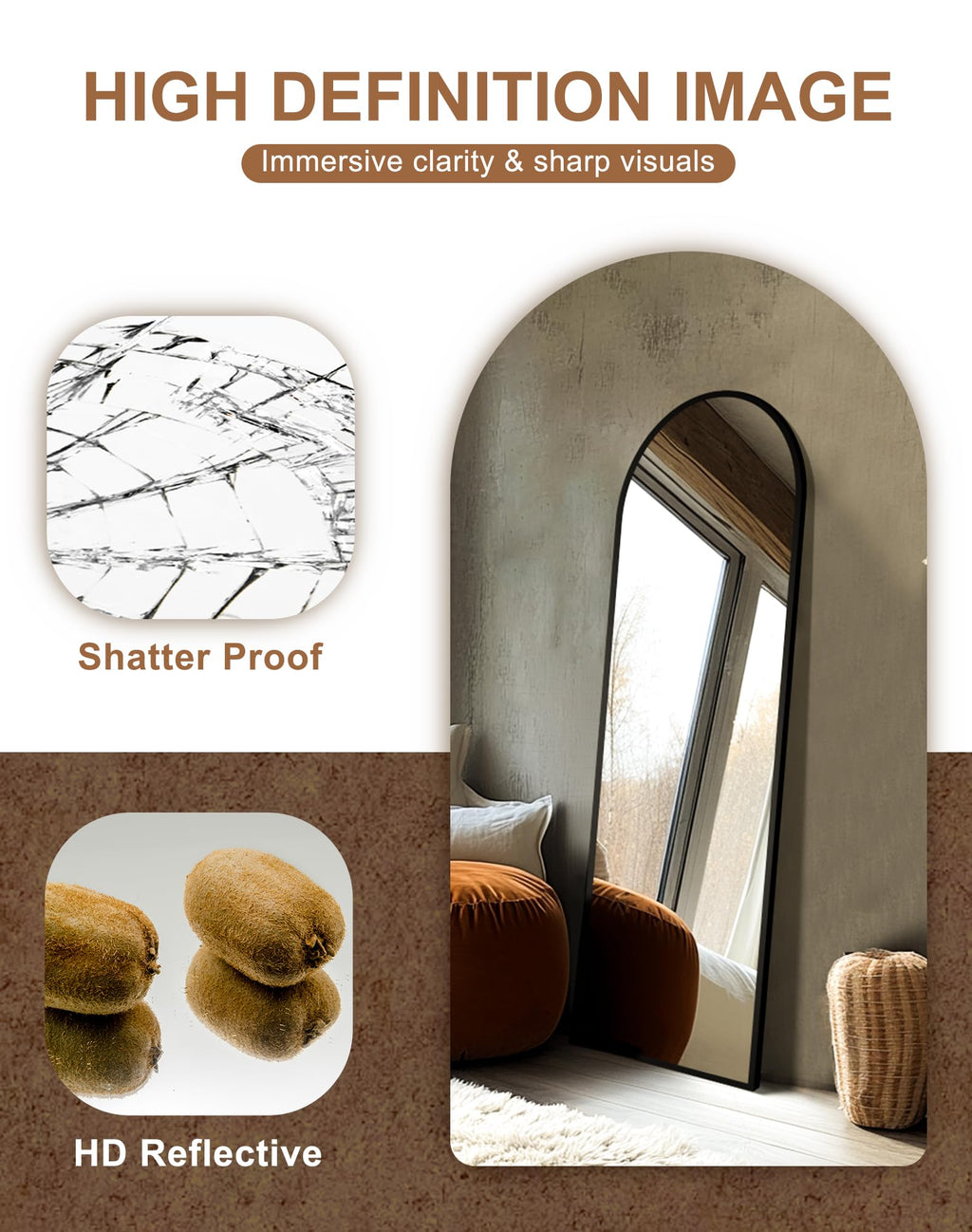 Arched Full Length Black Floor Mirror with Stand J944