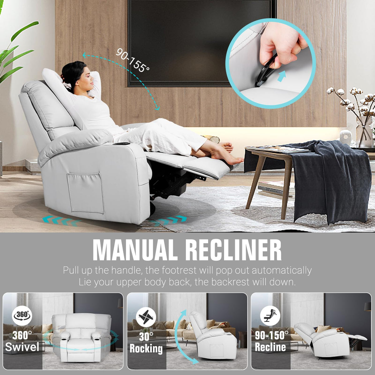 Grey Massage Rocking Recliner Chair with Heat and USB W884