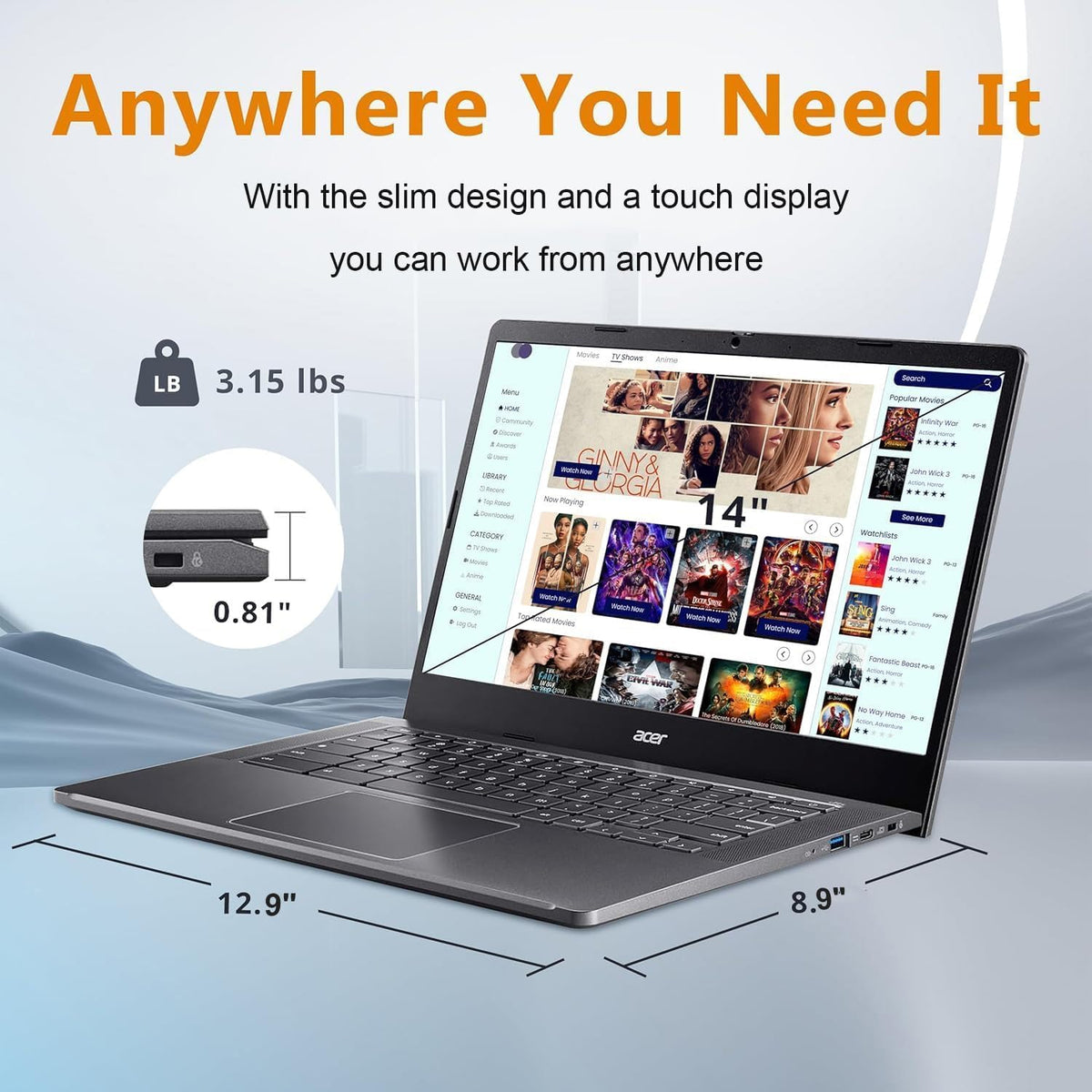Chromebook Plus 514 Laptop with Google AI, Intel 8-Core i3-N305, 8 GB LPDDR5, 512 GB SSD, 14" FHD IPS Touch Screen, Wi-Fi 6E, Chrome OS N553922