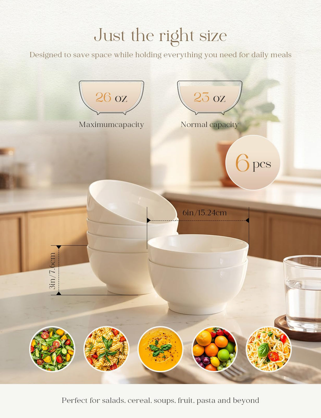 Porcelain Soup Bowls Set of 6, 26 oz White Ceramic Bowls I726