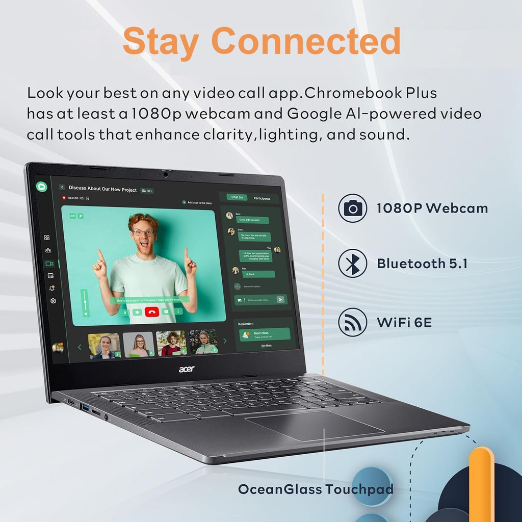 Chromebook Plus 514 Laptop with Google AI, Intel 8-Core i3-N305, 8 GB LPDDR5, 512 GB SSD, 14" FHD IPS Touch Screen, Wi-Fi 6E, Chrome OS N553922
