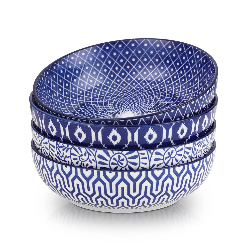 Ceramic Pasta Bowls Set of 4, 30 OZ Vintage Blue F85444