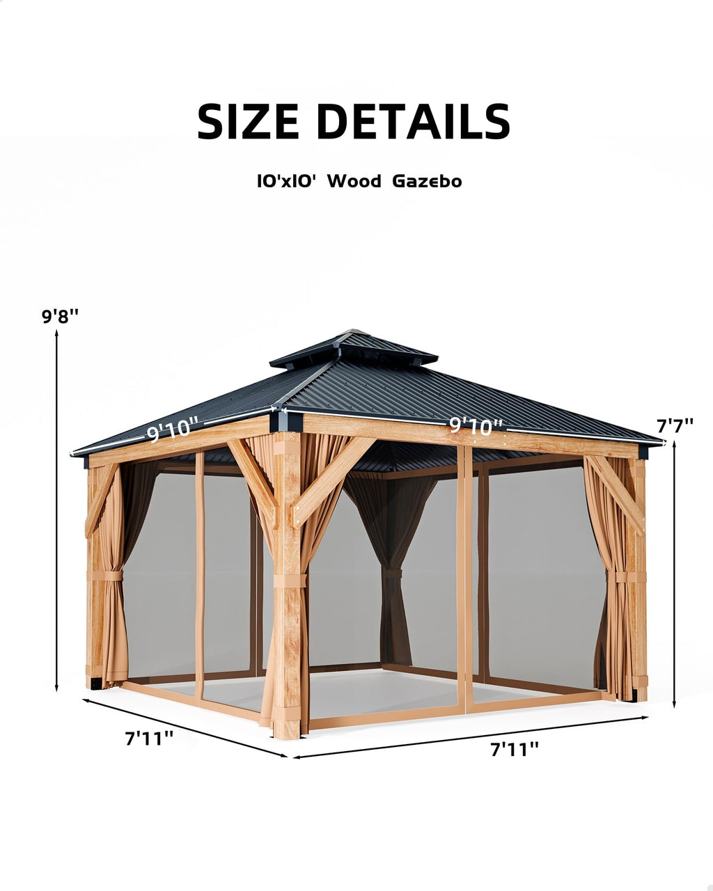 Hardtop Wood Gazebo 10 x 10 ft with Double Metal Roof F185021