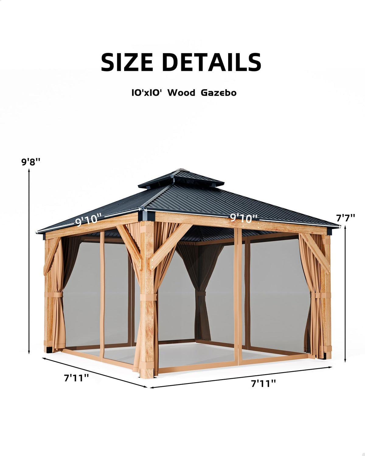 Hardtop Wood Gazebo 10 x 10 ft with Double Metal Roof F185021