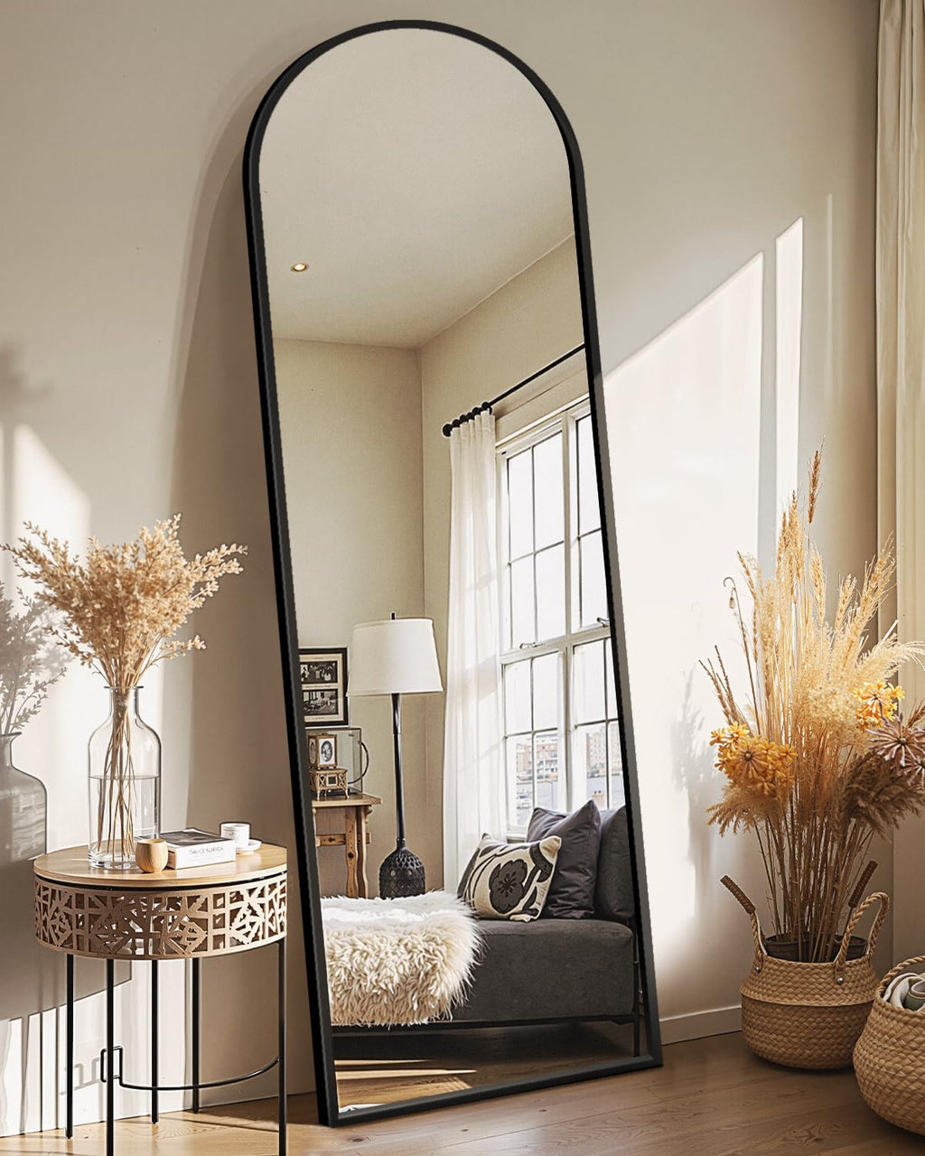 Arched Full Length Black Floor Mirror with Stand J944