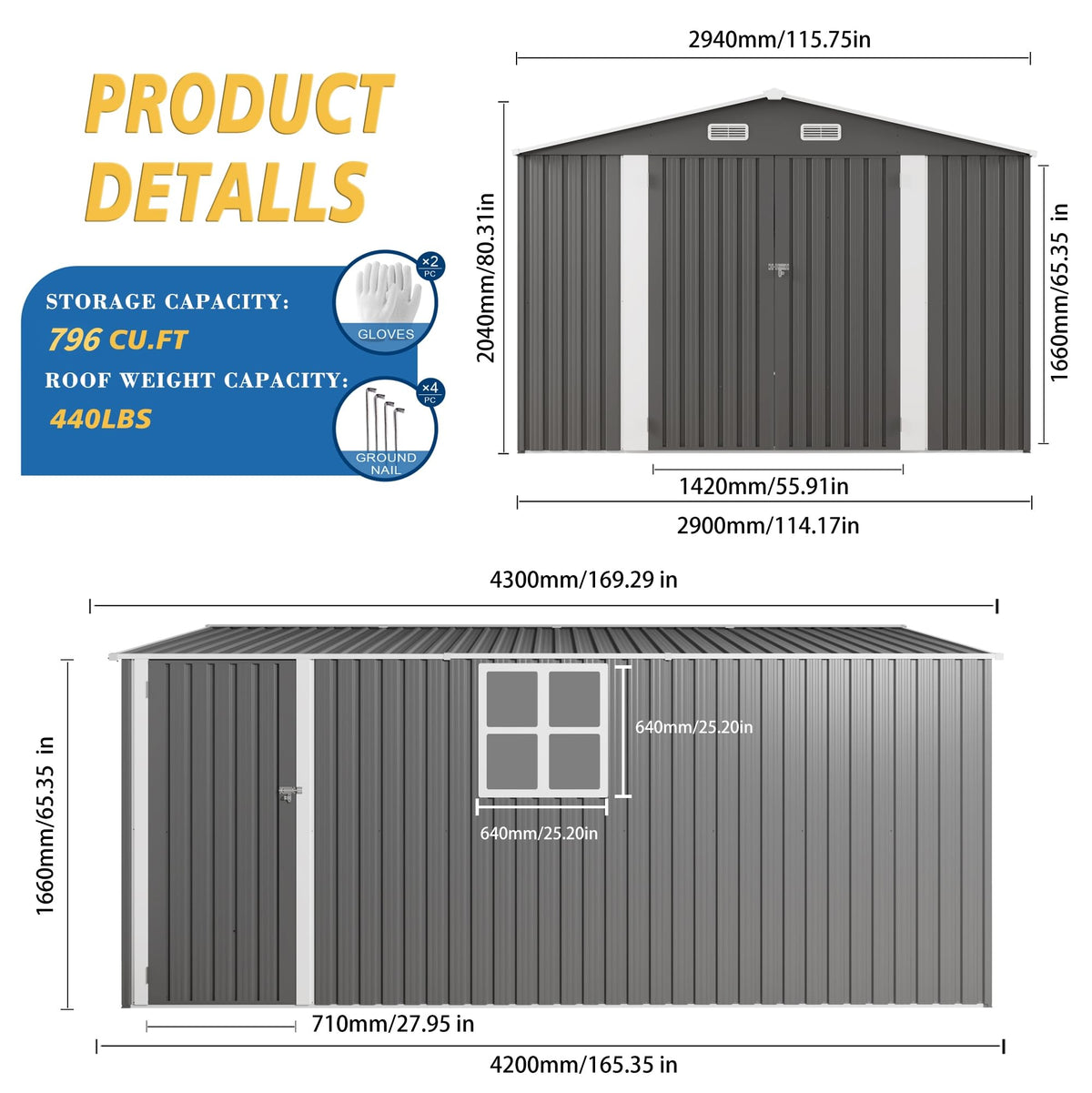 10x14x6.7FT Galvanized Steel Outdoor Storage Shed with Lockable Door & Window T303