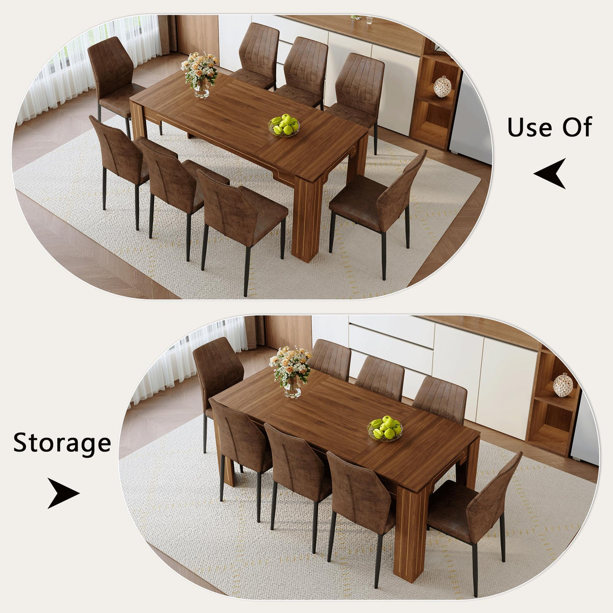 Walnut Dining Table Set with 8 Brown Fabric Chairs I894626